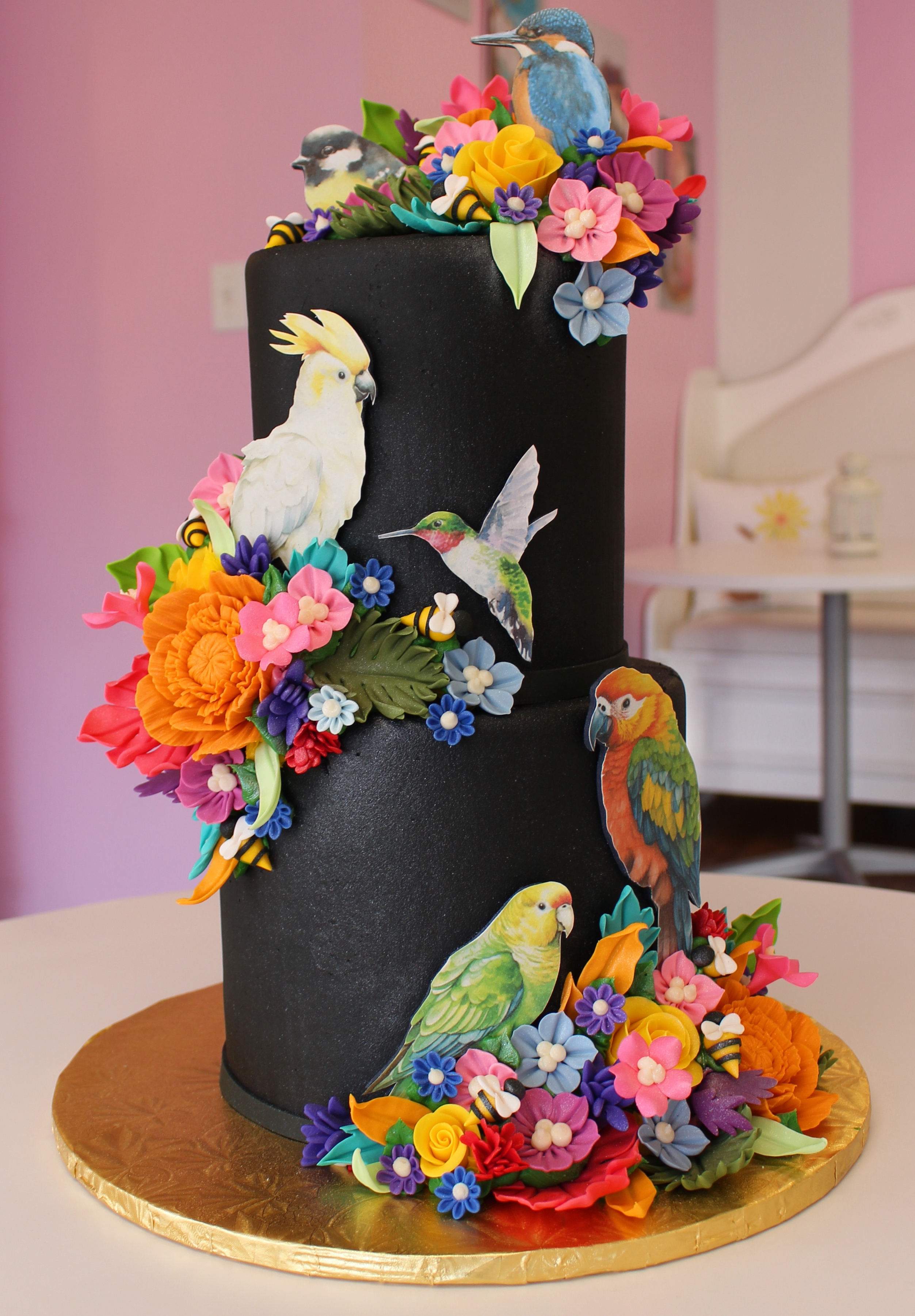 Black Exotic Bird Themed Cake with Fondant Tropical Flowers Macaw Hummingbird and other Birds