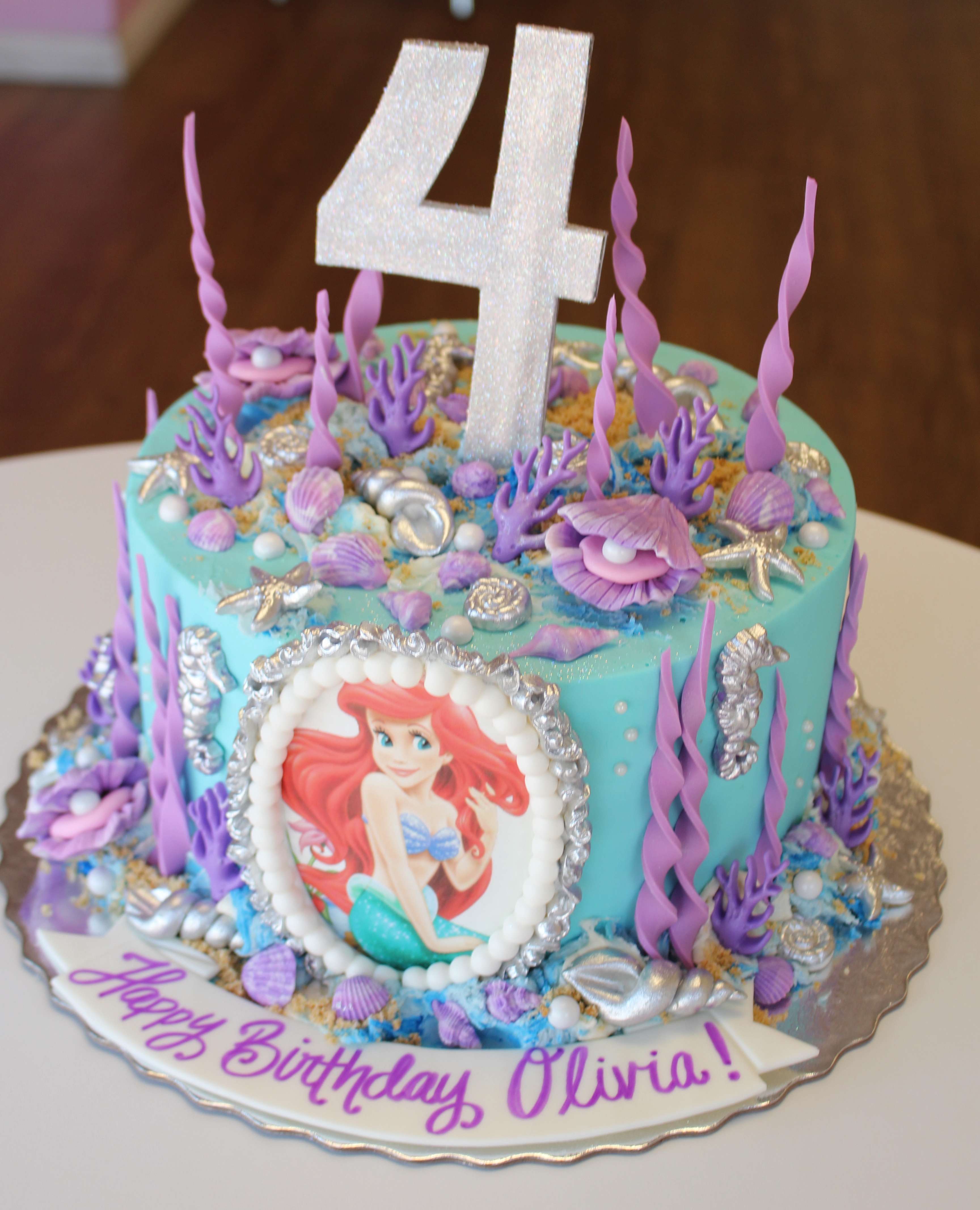 Blue Little Mermaid Theme Kids Birthday Cake with Purple and Silver Fondant Decorations