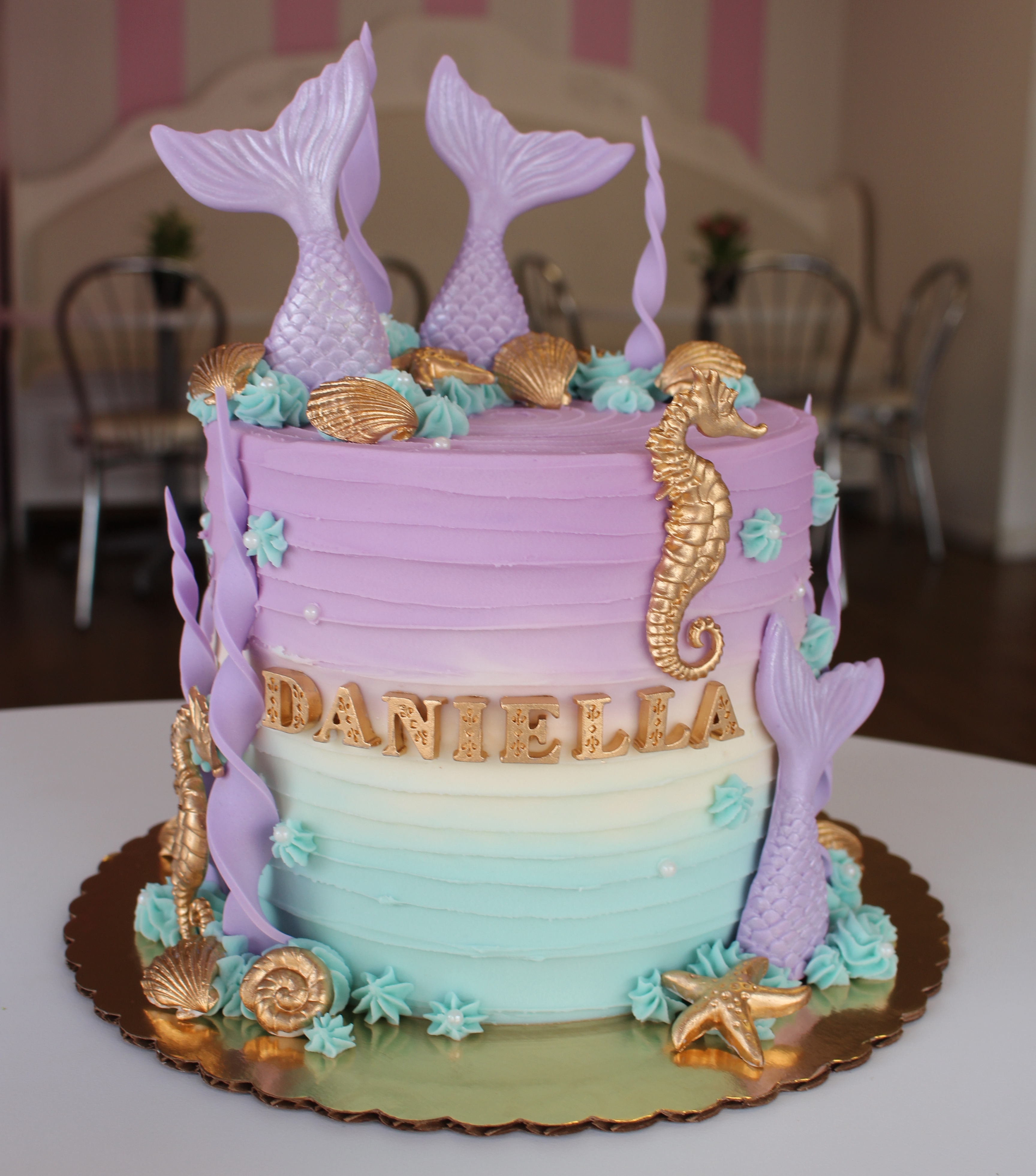 Purple White and Teal Ombre Mermaid Theme Girls Birthday Cake with Purple and Gold Fondant Decorations