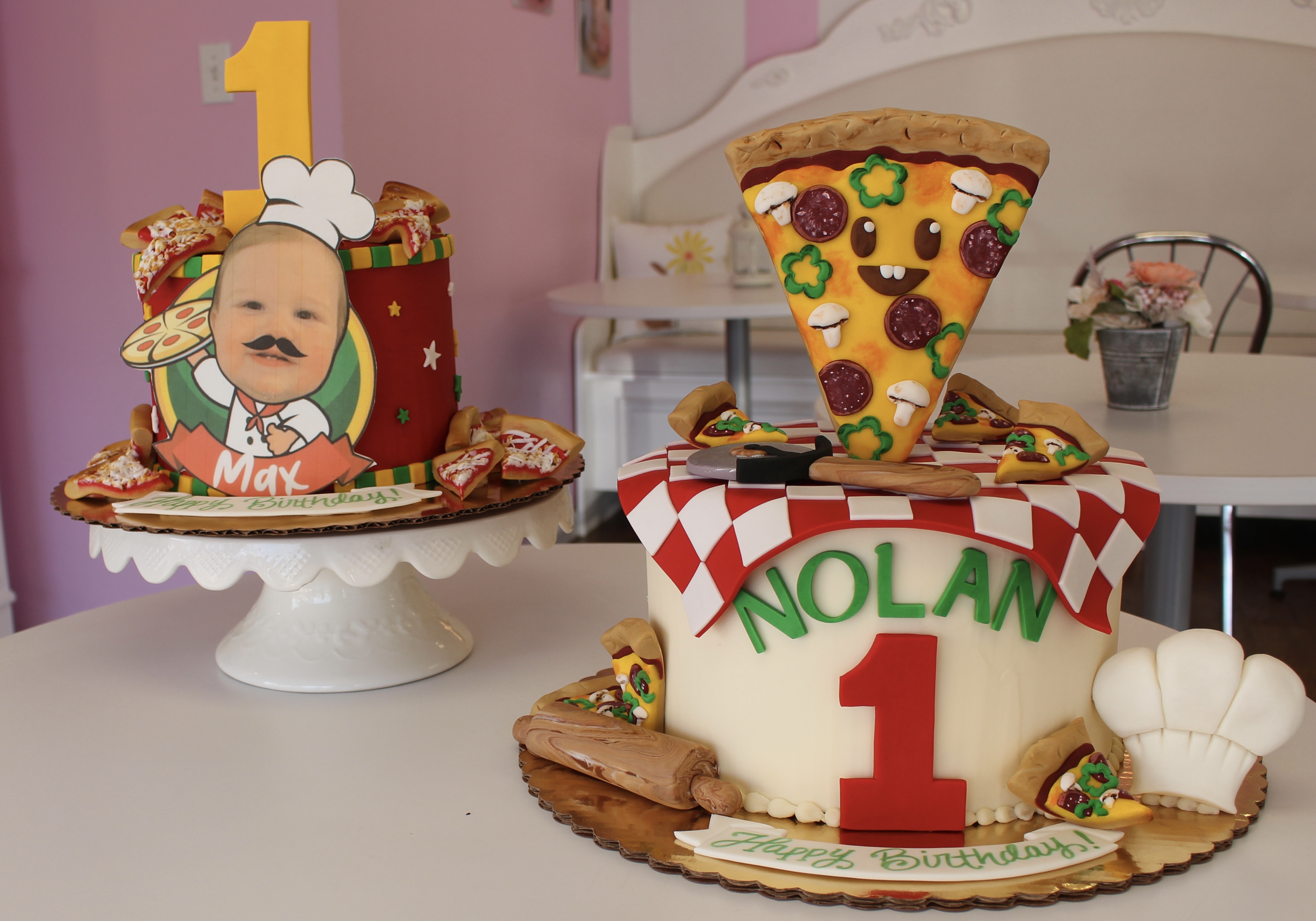 Red and White Pizza Party Themed Kids Birthday Cakes with Fondant Pizza Slices Chefs Hat and Rolling Pin