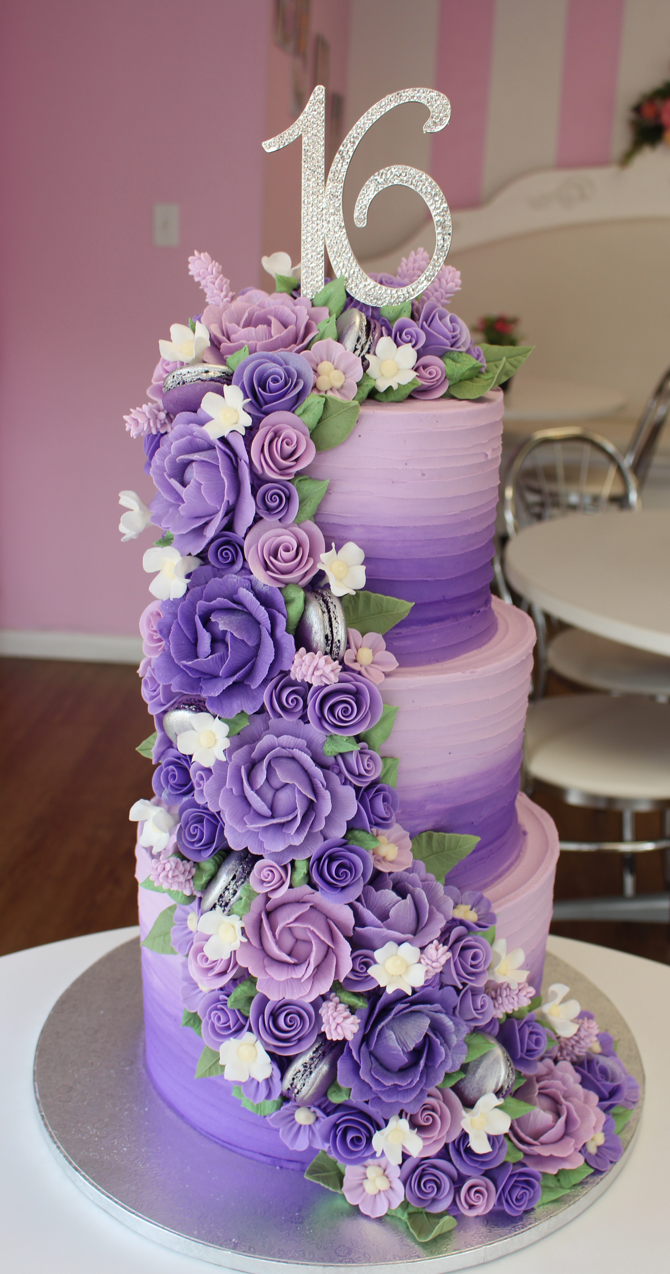 Three Tier Purple Ombre Elegant Sweet Sixteen Cake with Fondant Flowers and Leaves