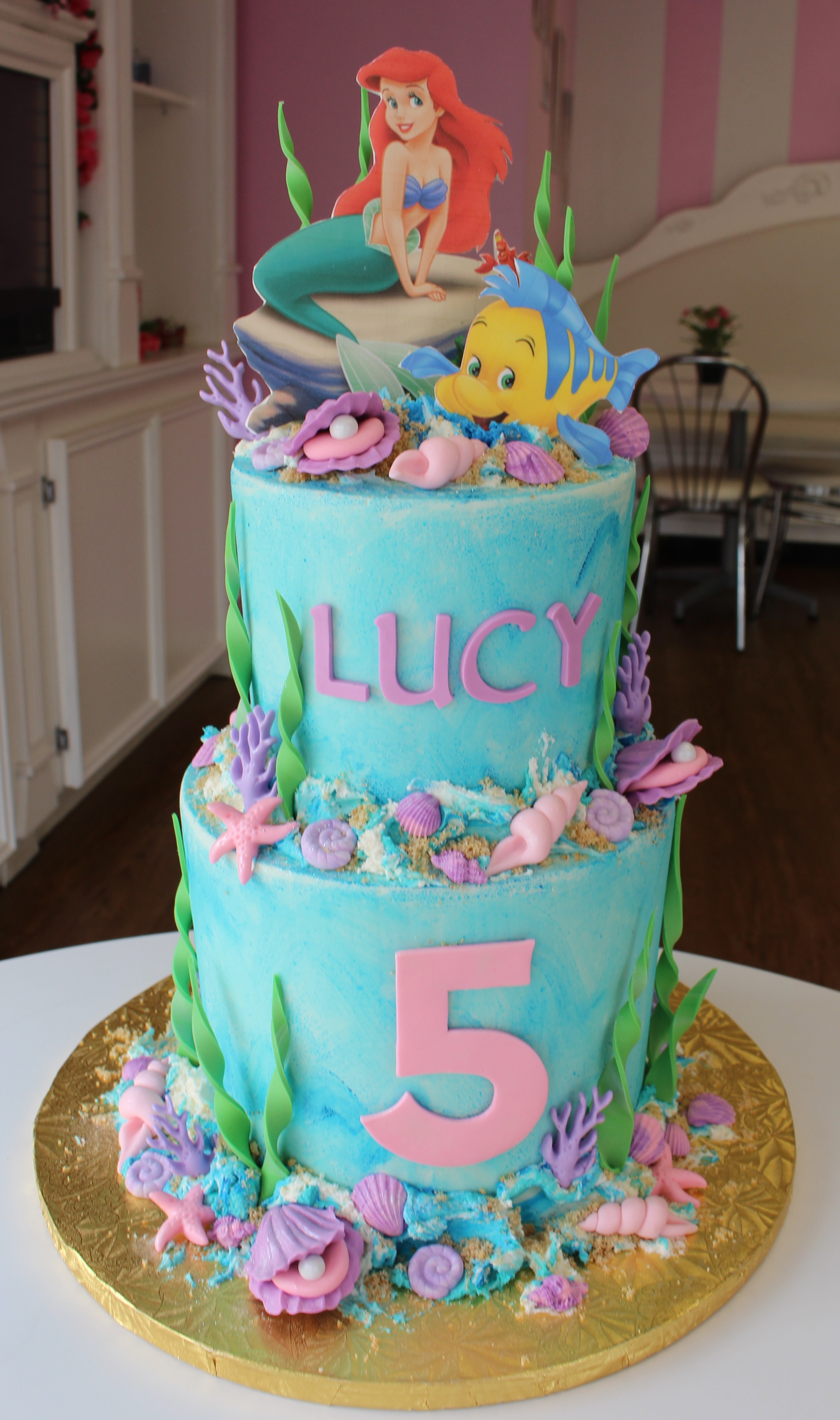 Two Tier Blue Little Mermaid Cartoon Theme Kids Birthday Cake with Fondant Starfish Seashells and Oysters