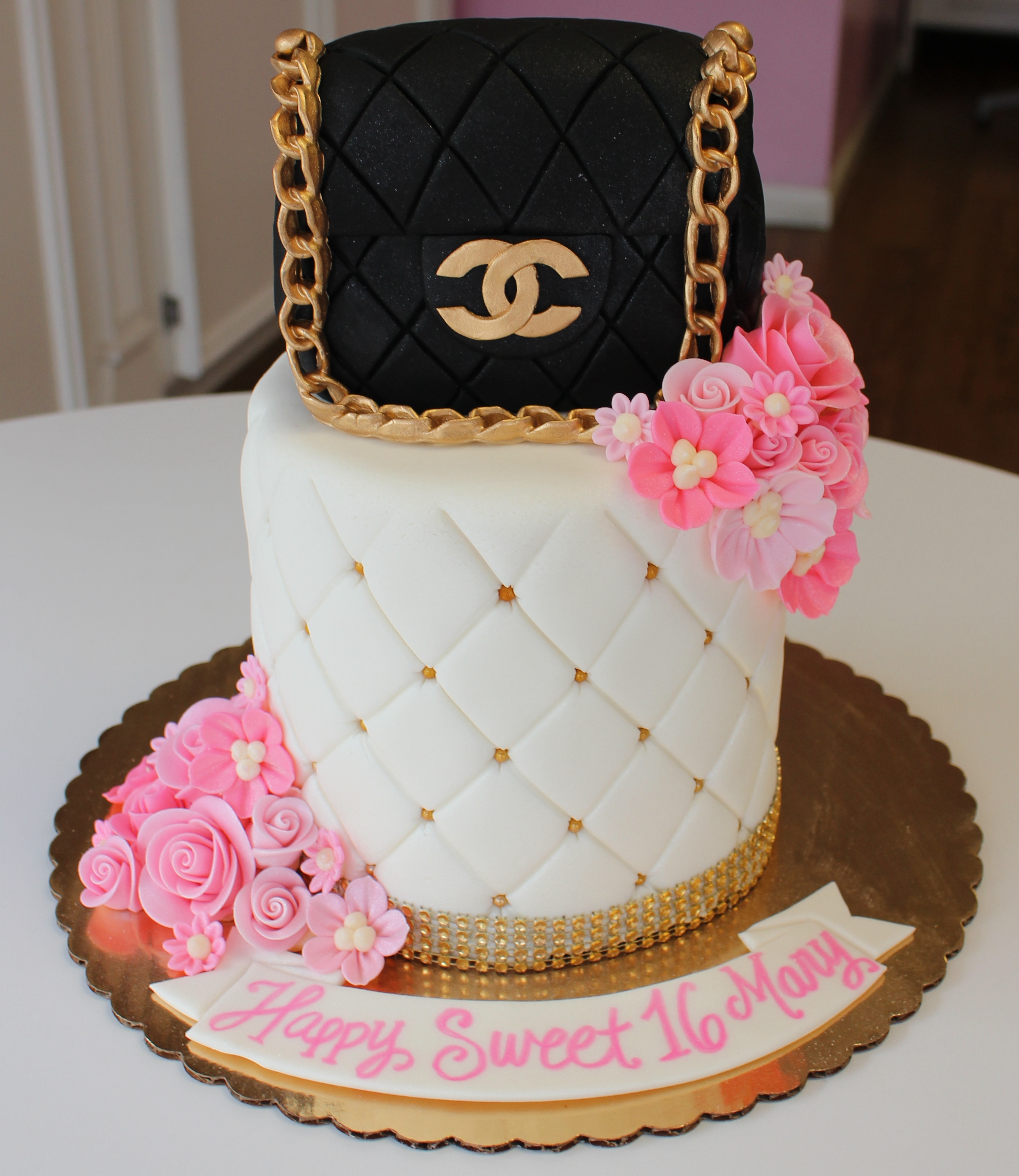 White and Gold Quilted Cake with Bling Border and Fondant Chanel Purse and Flowers